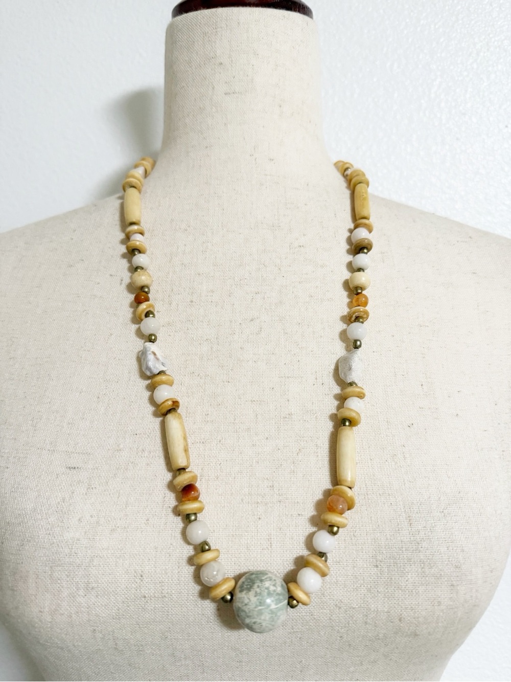 Vintage Stone Wood Beaded Statement Necklace